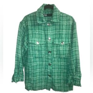 Zara Tweed Kelly Green Shacket Silver Buttons Women’s OverSized XS